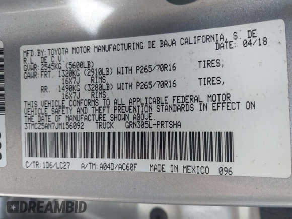 2018 Toyota Tacoma SR z VIN 3TMCZ5AN7JM156092, wystawiony jako IAAI lot #41642391 z przebiegiem 65 805 mil mil oraz . Historia ofert i sprzedaży dostępna na DreamBid. Obrazek 9.