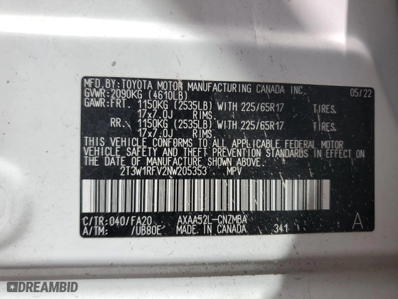 2022 Toyota RAV4 XLE with VIN 2T3W1RFV2NW205353, listed as a Copart auction lot 47679865 with 56,526 mi miles and Salvage Title. Bid and sale history available at carsss.com. Image 13.