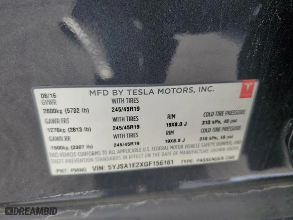2016 Tesla Model S 90D with VIN 5YJSA1E2XGF156161, listed as a Copart auction lot 52332685 with 47,893 mi miles and Salvage Title. Bid and sale history available at carsss.com. Image 13.
