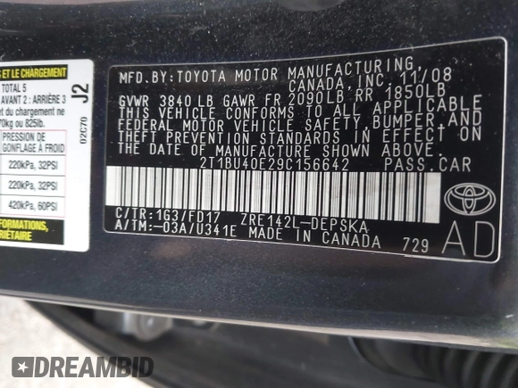 2009 Toyota Corolla with VIN 2T1BU40E29C156642, listed as a IAAI auction lot 42214601 with 255,813 mi miles. Bid and sale history available at carsss.com. Image 9.
