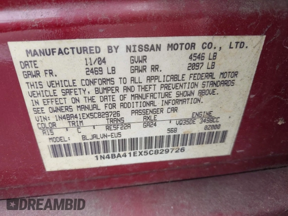 2005 Nissan Maxima SE с VIN 1N4BA41EX5C829726, выставлен на аукционе IAAI как лот 42703976 с пробегом 230 473 миль миль и . История ставок и продаж доступна на DreamBid. Изображение 9.