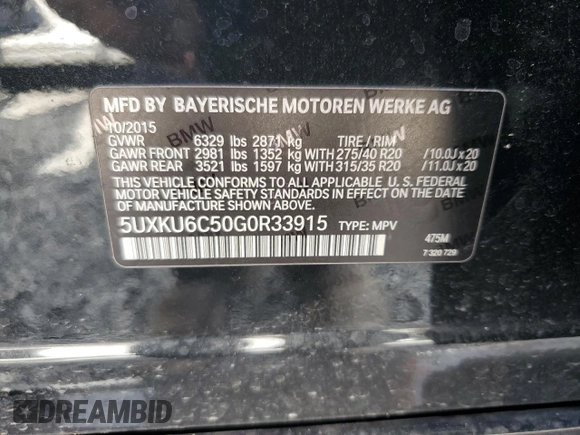 2016 BMW X6 xDrive50i with VIN 5UXKU6C50G0R33915, listed as a Copart auction lot 42183104 with 121,075 mi miles and . Bid and sale history available at DreamBid. Image 13.
