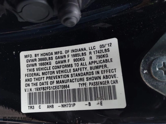 2012 Honda Civic Sdn LX with VIN 19XFB2F51CE070864, listed as a IAAI auction lot 41575487 with 184,281 mi miles. Bid and sale history available at carsss.com. Image 9.