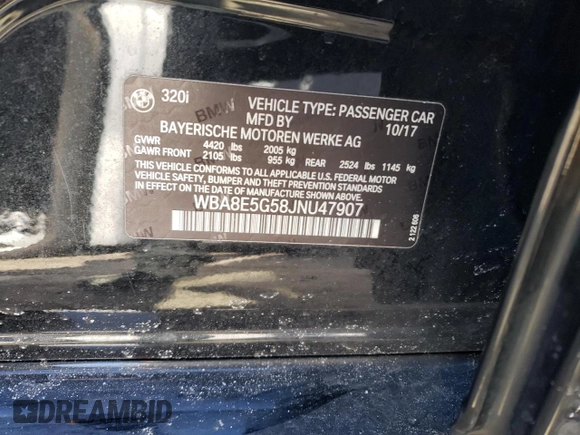2018 BMW 3 Series 320i xDrive with VIN WBA8E5G58JNU47907, listed as a Copart auction lot 47214105 with 68,631 mi miles and Salvage Title. Bid and sale history available at carsss.com. Image 12.