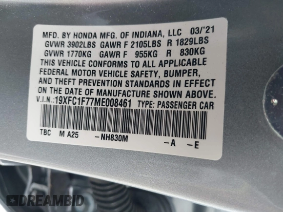 2021 Honda Civic Sedan EX-L with VIN 19XFC1F77ME008461, listed as a IAAI auction lot 41920231 with 31,912 mi miles. Bid and sale history available at carsss.com. Image 9.