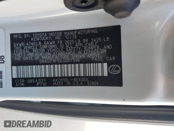 2020 Lexus ES 300h with VIN 58AD21B10LU007586, listed as a Copart auction lot 60130325 with 68,851 mi miles and Salvage title. Bid and sale history available at DreamBid. Image 12.