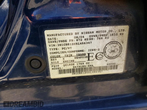 2005 Nissan Sentra 1.8 with VIN 3N1CB51DX5L456347, listed as a Copart auction lot 54887195 with 136,679 mi miles and Salvage Title. Bid and sale history available at DreamBid. Image 12.