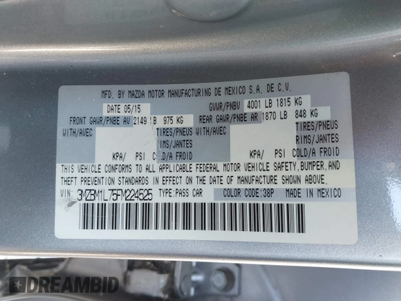 2015 Mazda 3 i Touring with VIN 3MZBM1L75FM224525, listed as a IAAI auction lot 41692928 with 57,803 mi miles and . Bid and sale history available at carsss.com. Image 9.