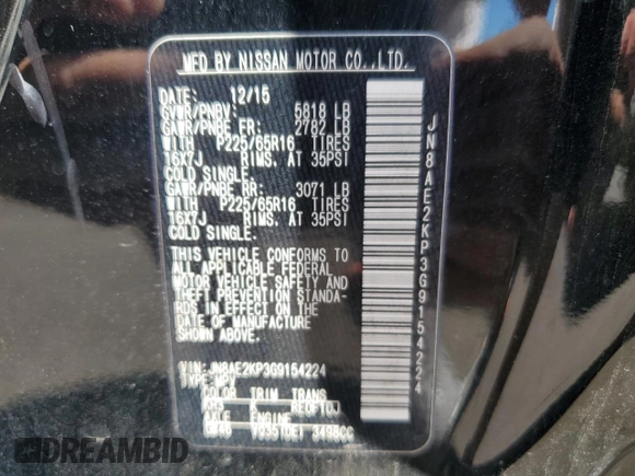 2016 Nissan Quest SV with VIN JN8AE2KP3G9154224, listed as a Copart auction lot 66784823 with 94,476 mi miles and . Bid and sale history available at DreamBid. Image 14.