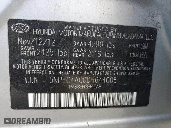 2013 Hyundai Sonata Limited with VIN 5NPEC4AC0DH644006, listed as a Copart auction lot 53040305 with 144,624 mi miles and Salvage Title. Bid and sale history available at DreamBid. Image 12.