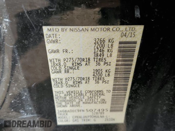 2015 Nissan Titan Pro-4X with VIN 1N6BA0EC9FN507495, listed as a Copart auction lot 49336715 with 95,749 mi miles and Clean title. Bid and sale history available at DreamBid. Image 12.