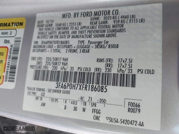 2015 Ford Fusion SE with VIN 3FA6P0H7XFR186085, listed as a IAAI auction lot 41782246 with 168,116 mi miles. Bid and sale history available at carsss.com. Image 9.