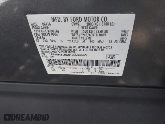 2017 Ford Explorer XLT с VIN 1FM5K8D82HGA39945, выставлен на аукционе IAAI как лот 42610326 с пробегом 9 350 миль миль и . История ставок и продаж доступна на DreamBid. Изображение 9.