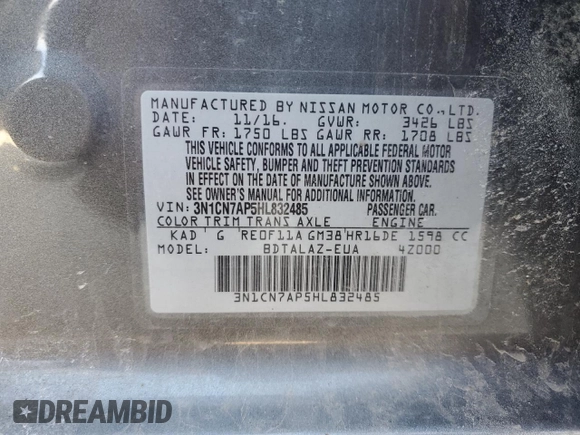 2017 Nissan Versa S Plus z VIN 3N1CN7AP5HL832485, wystawiony jako Copart lot #50320785 z przebiegiem 83 767 mil mil oraz Szkoda całkowita • Salvage title. Historia ofert i sprzedaży dostępna na DreamBid. Obrazek 12.