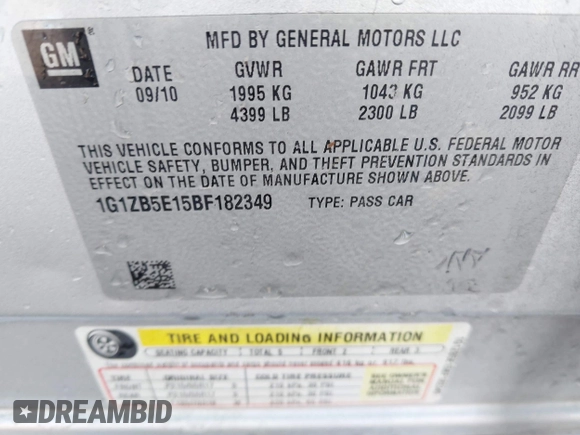 2011 Chevrolet Malibu 1LS with VIN 1G1ZB5E15BF182349, listed as a IAAI auction lot 41456341 with 150,207 mi miles and . Bid and sale history available at DreamBid. Image 9.