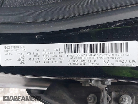 2019 Ram 1500 Big Horn/Lone Star with VIN 1C6SRFFT9KN625013, listed as a IAAI auction lot 41611276 with 100,463 mi miles. Bid and sale history available at carsss.com. Image 9.