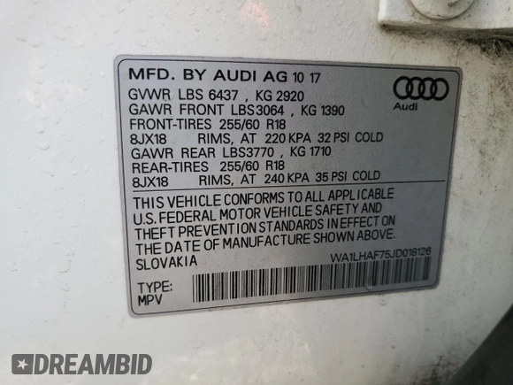 2018 Audi Q7 Premium Plus z VIN WA1LHAF75JD018126, wystawiony jako Copart lot #50831595 z przebiegiem 115 904 mil mil oraz Szkoda całkowita • Salvage title. Historia ofert i sprzedaży dostępna na DreamBid. Obrazek 12.