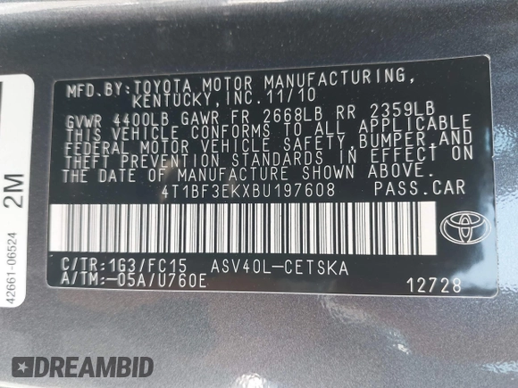 2011 Toyota Camry LE z VIN 4T1BF3EKXBU197608, wystawiony jako IAAI lot #41848207 z przebiegiem 131 676 mil mil oraz . Historia ofert i sprzedaży dostępna na DreamBid. Obrazek 9.