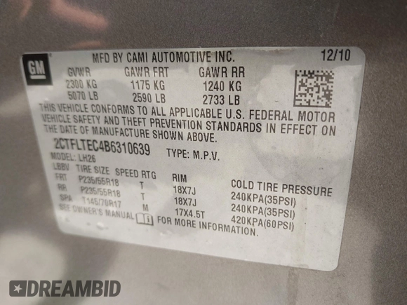 2011 GMC Terrain SLE-2 with VIN 2CTFLTEC4B6310639, listed as a IAAI auction lot 42739060 with 118,734 mi miles and . Bid and sale history available at DreamBid. Image 9.