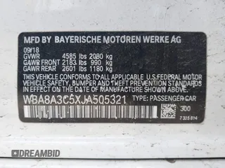 2018 BMW 3 Series 320i xDrive with VIN WBA8A3C5XJA505321, listed as a IAAI auction lot 42146927 with 47,547 mi miles and . Bid and sale history available at DreamBid. Image 9.