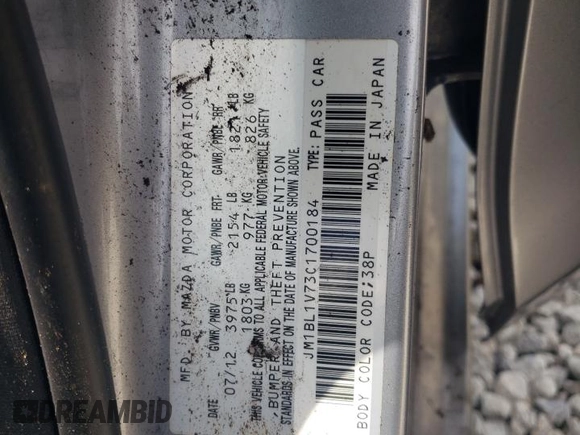 2012 Mazda 3 i Touring with VIN JM1BL1V73C1700184, listed as a Copart auction lot 61347565 with Not provided miles and Salvage title. Bid and sale history available at DreamBid. Image 13.