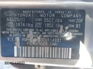 2012 Hyundai Accent GLS with VIN KMHCT4AE3CU114931, listed as a IAAI auction lot 41751304 with 166,831 mi miles. Bid and sale history available at carsss.com. Image 9.