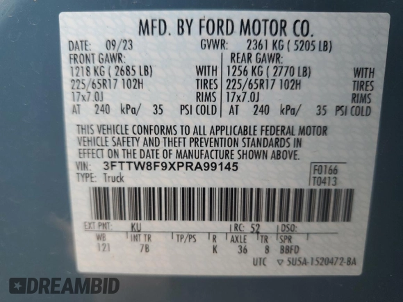 2023 Ford Maverick XL with VIN 3FTTW8F9XPRA99145, listed as a Copart auction lot 56218175 with 15,697 mi miles and Salvage title. Bid and sale history available at DreamBid. Image 13.