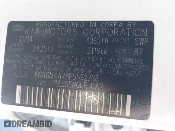 2015 Kia Optima LX with VIN KNAGM4A78F5592763, listed as a IAAI auction lot 41798622 with 165,840 mi miles and . Bid and sale history available at DreamBid. Image 9.