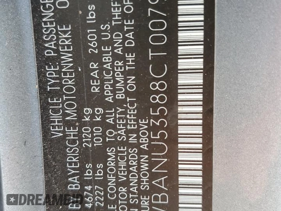 2008 BMW 5 Series 528i with VIN WBANU53588CT00794, listed as a Copart auction lot 53737315 with Not provided miles and Salvage title. Bid and sale history available at DreamBid. Image 12.