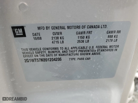 2009 Chevrolet Impala 3.5L LT with VIN 2G1WT57K891204206, listed as a Copart auction lot 46234555 with 101,313 mi miles and Salvage Title. Bid and sale history available at carsss.com. Image 14.