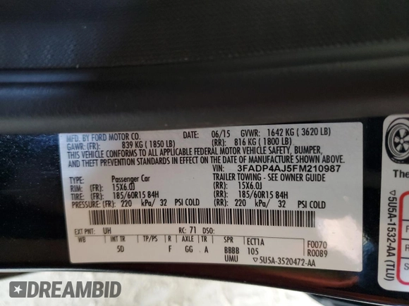 2015 Ford Fiesta S z VIN 3FADP4AJ5FM210987, wystawiony jako Copart lot #60707415 z przebiegiem 63 685 mil mil oraz Szkoda całkowita • Salvage title. Historia ofert i sprzedaży dostępna na DreamBid. Obrazek 12.