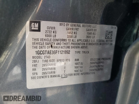 2015 Chevrolet Colorado 4WD WT with VIN 1GCGTAE36F1121892, listed as a Copart auction lot 73674604 with 235,293 mi miles and Clean Title. Bid and sale history available at DreamBid. Image 12.