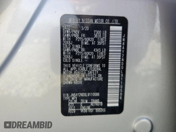 2020 Nissan Armada SL with VIN JN8AY2ND0L9110586, listed as a Copart auction lot 50541765 with 87,251 mi miles and Salvage Title. Bid and sale history available at carsss.com. Image 15.