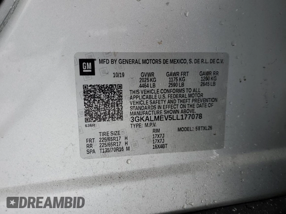 2020 GMC Terrain SLE with VIN 3GKALMEV5LL177078, listed as a Copart auction lot 43009745 with 78,226 mi miles and Salvage Title. Bid and sale history available at DreamBid. Image 15.