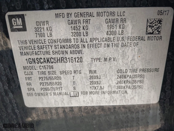 2017 Chevrolet Tahoe LS with VIN 1GNSCAKC5HR316120, listed as a IAAI auction lot 41677039 with 1 mi miles. Bid and sale history available at carsss.com. Image 9.