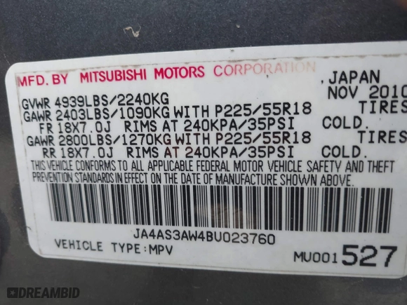 2011 Mitsubishi Outlander SE with VIN JA4AS3AW4BU023760, listed as a IAAI auction lot 42116273 with 147,731 mi miles. Bid and sale history available at carsss.com. Image 9.