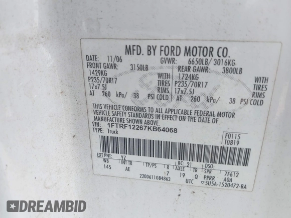 2006 Ford F-150 XL with VIN 1FTRF12W16NA86993, listed as a IAAI auction lot 41947315 with Not provided miles and . Bid and sale history available at DreamBid. Image 9.