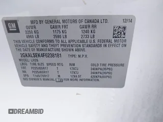 2015 GMC Terrain SLT with VIN 2GKALSEK4F6238181, listed as a IAAI auction lot 41966542 with 163,342 mi miles. Bid and sale history available at carsss.com. Image 9.