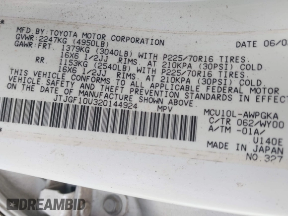 2002 Lexus RX 300 with VIN JTJGF10U320144924, listed as a IAAI auction lot 42216686 with 253,797 mi miles and . Bid and sale history available at DreamBid. Image 9.