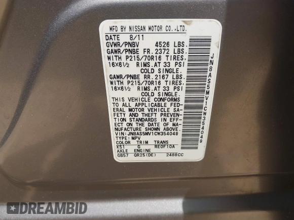 2012 Nissan Rogue S with VIN JN8AS5MV1CW354049, listed as a IAAI auction lot 42418811 with 188,398 mi miles and . Bid and sale history available at DreamBid. Image 9.