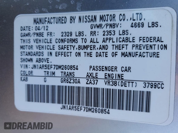 2013 Nissan GT-R Premium z VIN JN1AR5EF7DM260854, wystawiony jako Copart lot #42809575 z przebiegiem Nie podano mil oraz Szkoda całkowita • Salvage title. Historia ofert i sprzedaży dostępna na DreamBid. Obrazek 13.