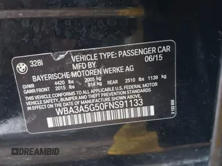 2015 BMW 3 Series 328i with VIN WBA3A5G50FNS91133, listed as a IAAI auction lot 41890141 with 119,495 mi miles. Bid and sale history available at carsss.com. Image 9.