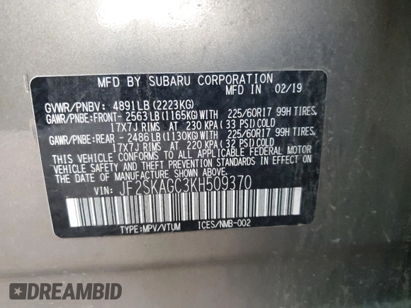 2019 Subaru Forester Premium with VIN JF2SKAGC3KH509370, listed as a Copart auction lot 55159015 with 119,462 mi miles and Clean title. Bid and sale history available at DreamBid. Image 13.