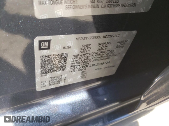 2020 Chevrolet Silverado 1500 LTZ with VIN 1GCUYGEL9LZ219724, listed as a Copart auction lot 66655174 with 47,087 mi miles and Salvage Title. Bid and sale history available at DreamBid. Image 14.