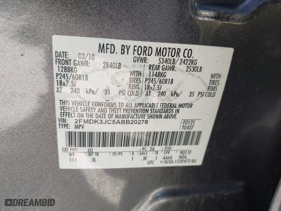 2010 Ford Edge SEL with VIN 2FMDK3JC5ABB20278, listed as a IAAI auction lot 41903067 with 130,247 mi miles. Bid and sale history available at carsss.com. Image 9.