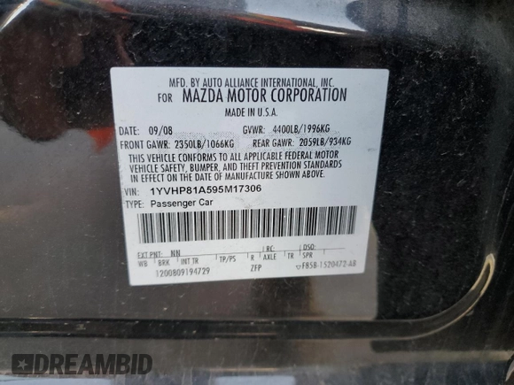 2009 Mazda 6 i Sport with VIN 1YVHP81A595M17306, listed as a Copart auction lot 80962544 with 169,387 mi miles and Salvage Title. Bid and sale history available at carsss.com. Image 12.