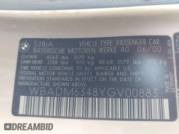 2000 BMW 5 Series 528i with VIN WBADM6348YGV00883, listed as a IAAI auction lot 41898075 with 175,137 mi miles and . Bid and sale history available at DreamBid. Image 9.
