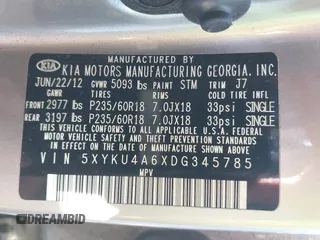 2013 Kia Sorento EX with VIN 5XYKU4A6XDG345785, listed as a IAAI auction lot 42199217 with 245,900 mi miles and . Bid and sale history available at DreamBid. Image 9.