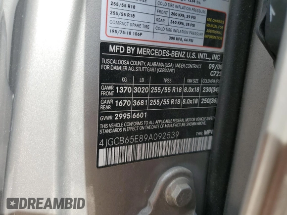 2009 Mercedes-Benz R 3.5L with VIN 4JGCB65E89A092539, listed as a Copart auction lot 80151014 with 165,938 mi miles and Clean Title. Bid and sale history available at DreamBid. Image 13.