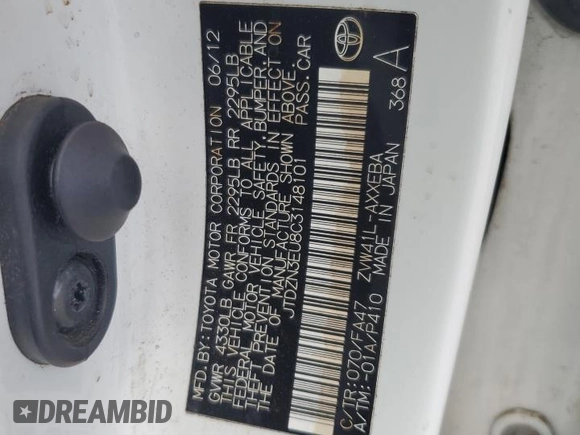 2012 Toyota Prius Two with VIN JTDZN3EU8C3148101, listed as a Copart auction lot 54856935 with Not Provided miles and Salvage Title. Bid and sale history available at DreamBid. Image 12.